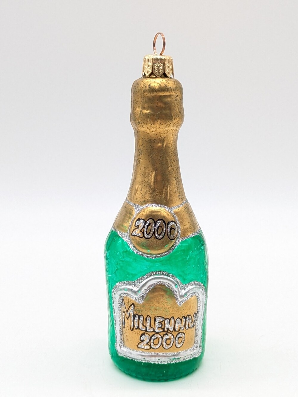 Vintage Millennium 2000 Glass Champagne Bottle Holiday Christmas Ornament
